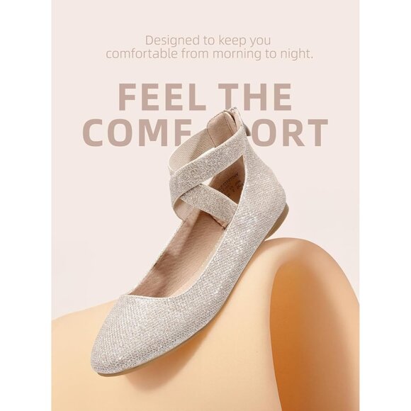 Dream Pairs Women Gold Faux Suede Flats Comfortable Elastic Ankle Straps Shoes - Picture 3 of 8